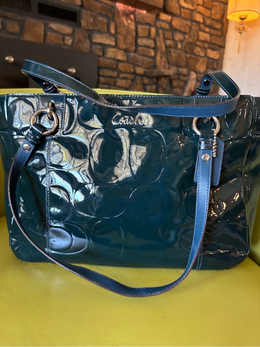 Coach Gallery Signature Embossed Patent Leather East West Tote Teal F07729 - Picture 2 of 11